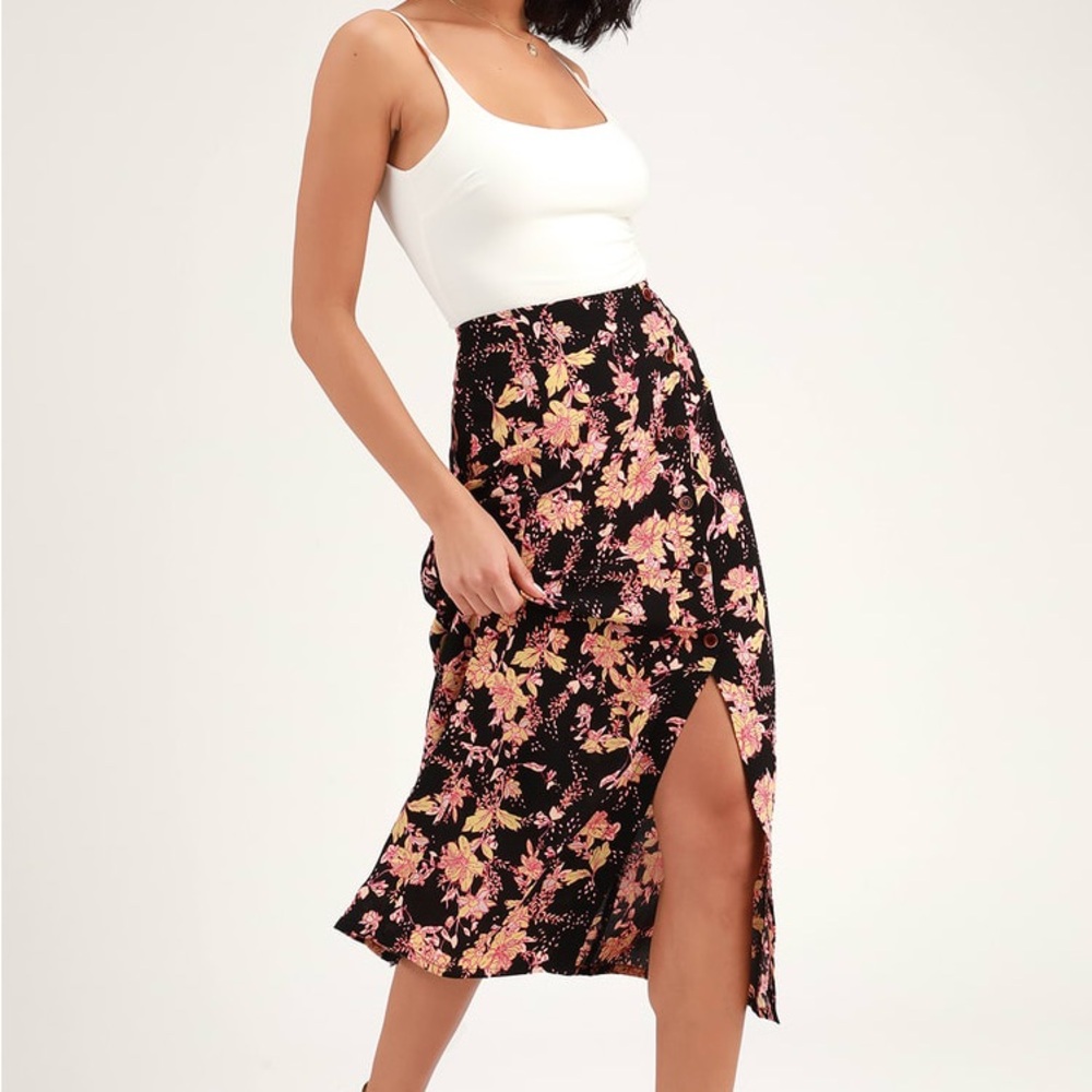 Free People Retro Love Black Floral Print Button Front Midi Skirt